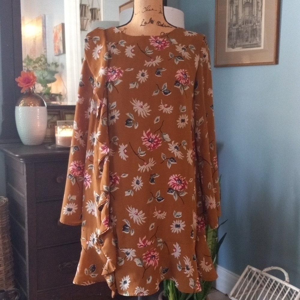 Belle Rive Gold Mustard Floral Ruffle Long Sleeve Dress
